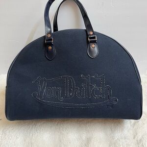 Vintage Von Dutch Navy Blue Denim Bowling Bag Duffle Frayed Letters Bowler